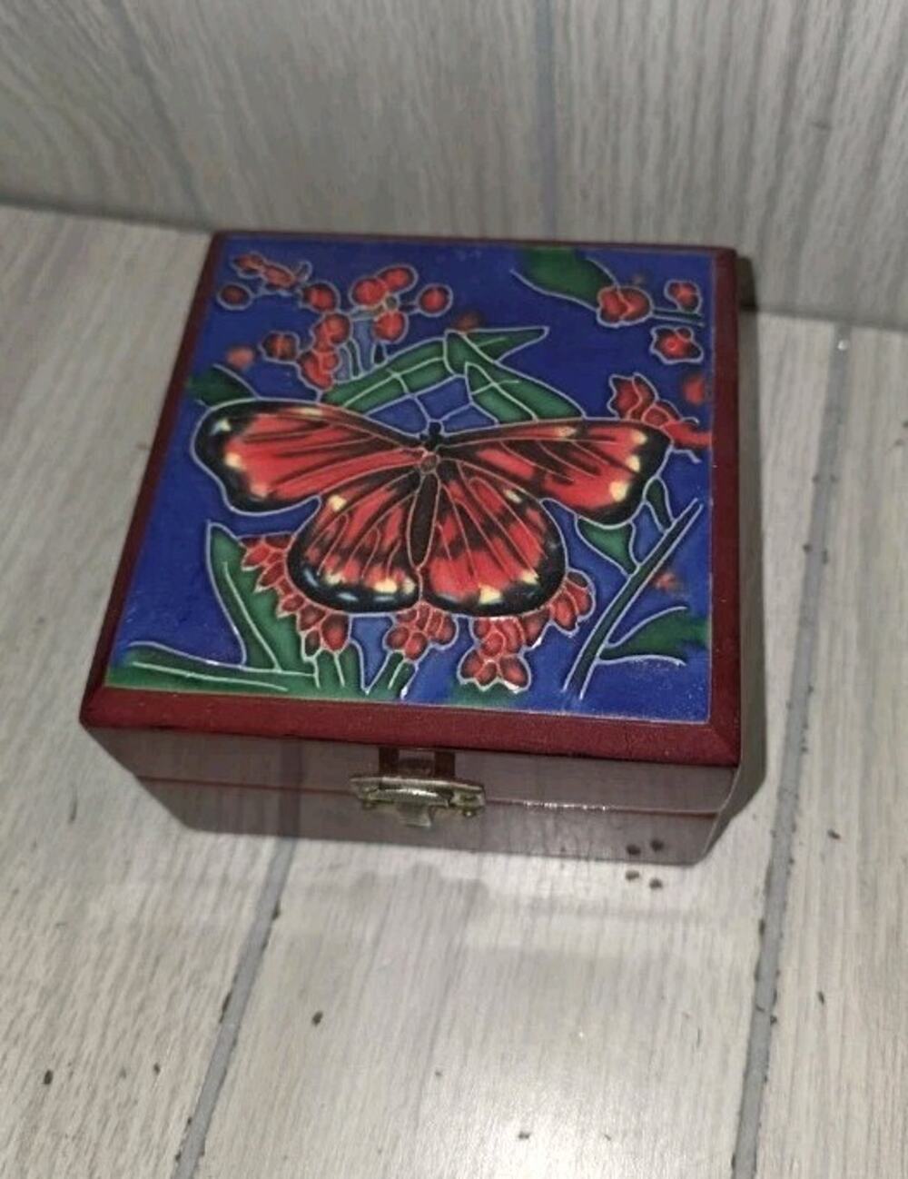 Vtg Butterfly Hand Painted Ceramic Art Tile Trinket Box Butterfly Handmade